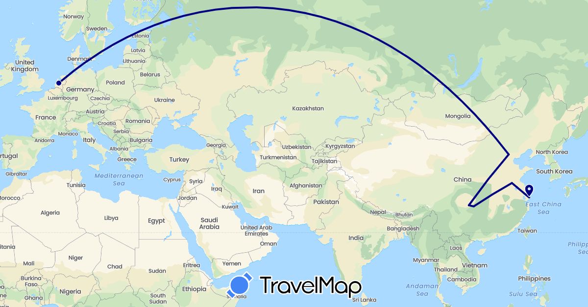 TravelMap itinerary: driving in China, Netherlands (Asia, Europe)
